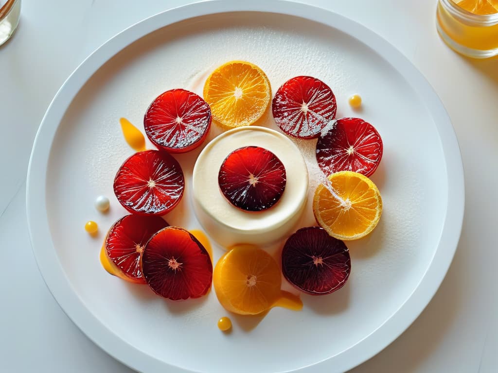  A closeup, ultradetailed photograph of a perfectly plated dessert showcasing a delicate balance of vibrant citrus fruits like blood oranges and lemons combined with sweet elements such as caramelized sugar and rich vanilla cream. The dessert is elegantly presented on a sleek, white porcelain plate, with subtle garnishes of fresh mint leaves and edible flowers adding a pop of color to the composition. The textures of the dessert are expertly captured, from the crisp caramel shards to the silky smooth custard, creating a visually striking image that embodies the harmonious interplay between acidity and sweetness in pastry creation. hyperrealistic, full body, detailed clothing, highly detailed, cinematic lighting, stunningly beautiful, intricate, sharp focus, f/1. 8, 85mm, (centered image composition), (professionally color graded), ((bright soft diffused light)), volumetric fog, trending on instagram, trending on tumblr, HDR 4K, 8K