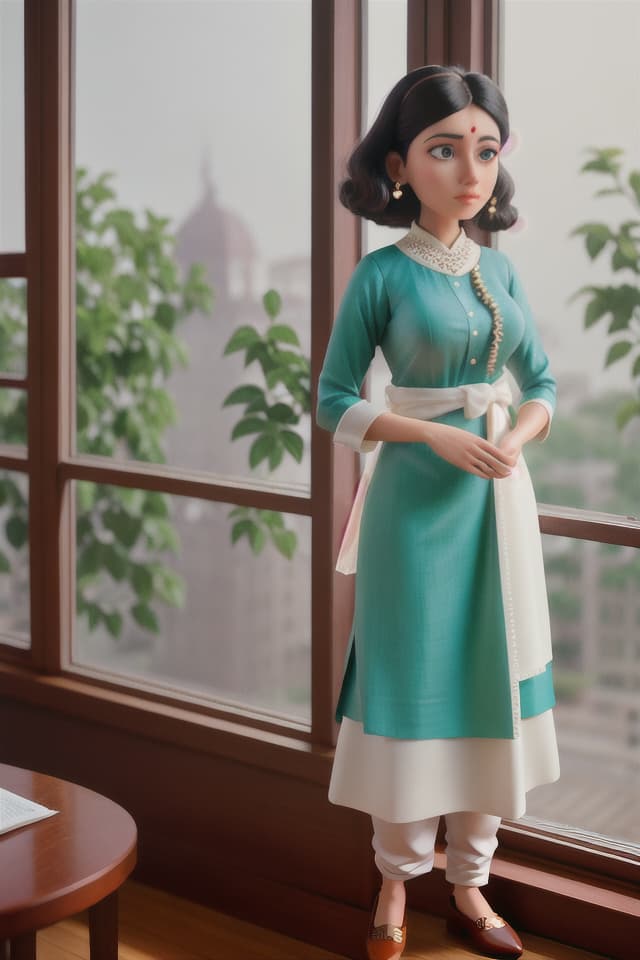  a woman standing in front of a window looking out, inspired by T. K. Padmini, looking out of the window, wearing a silk kurta, lofi portrait at a window, feeling the nature, inspired by Bhupen Khakhar, standing near a window, sitting in office, vignette of windowsill, hospital background, looking out window hyperrealistic, full body, detailed clothing, highly detailed, cinematic lighting, stunningly beautiful, intricate, sharp focus, f/1. 8, 85mm, (centered image composition), (professionally color graded), ((bright soft diffused light)), volumetric fog, trending on instagram, trending on tumblr, HDR 4K, 8K