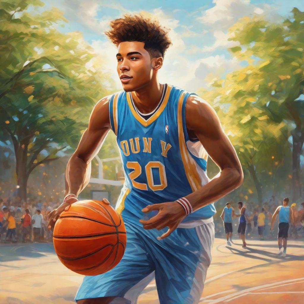  masterpiece, best quality,Draw a picture of a sunny, positive, handsome 20-year-old playing basketball.