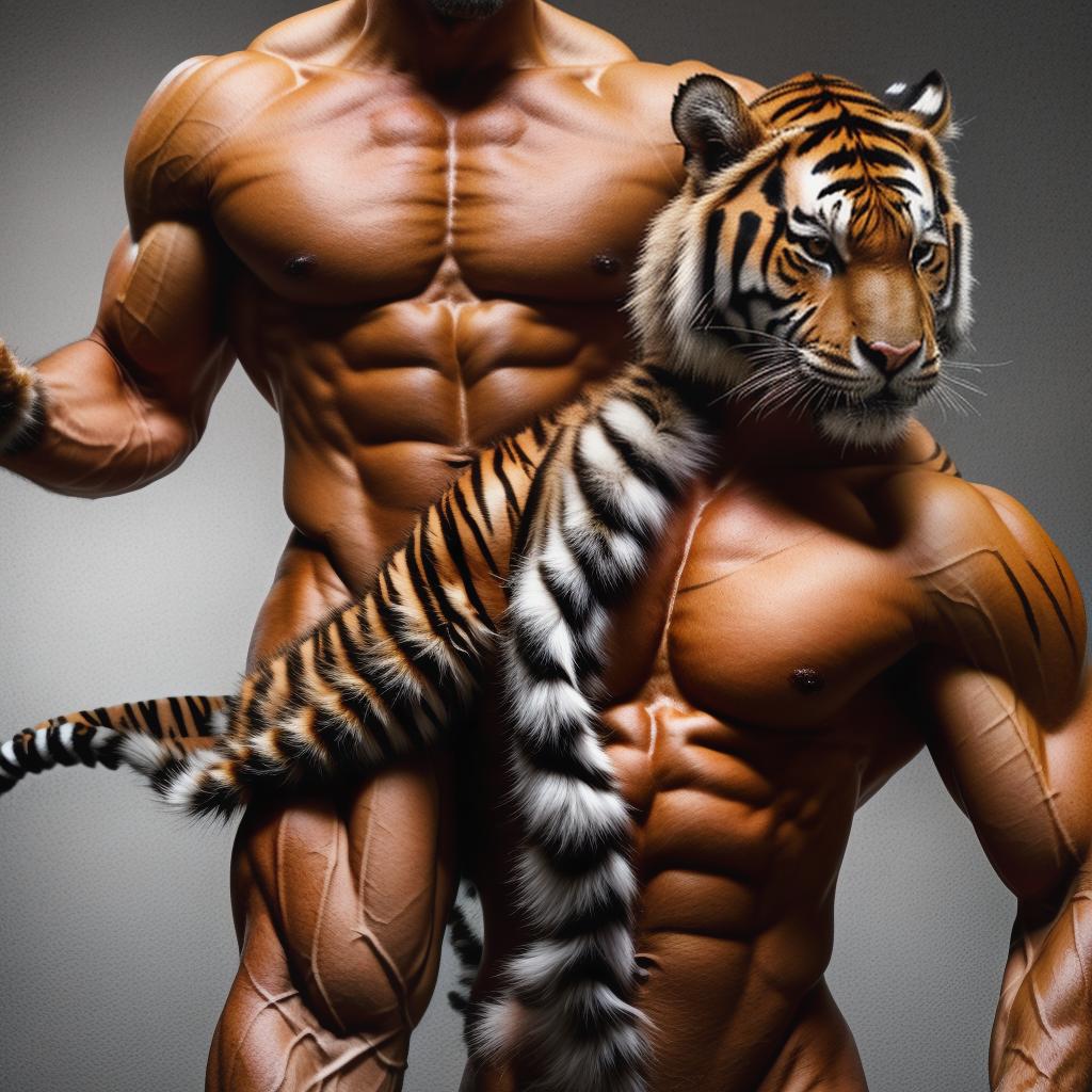  muscular human like tiger , body covered with fur , very muscular , detailed , realistic