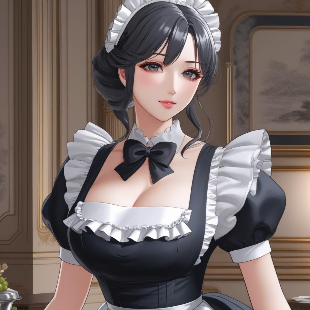  maid girl, big bosom, anime face, manga art, half body, masterpieces, top quality, best quality, official art, beautiful and aesthetic, realistic, 4K, 8K