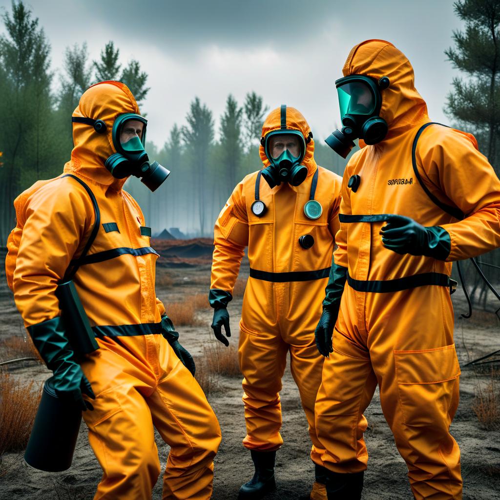  Gathering scientists from the game Stalker, Chernobyl Exclusion Zone, artifacts, anomalies, scientists in orange hazmat suits. hyperrealistic, full body, detailed clothing, highly detailed, cinematic lighting, stunningly beautiful, intricate, sharp focus, f/1. 8, 85mm, (centered image composition), (professionally color graded), ((bright soft diffused light)), volumetric fog, trending on instagram, trending on tumblr, HDR 4K, 8K