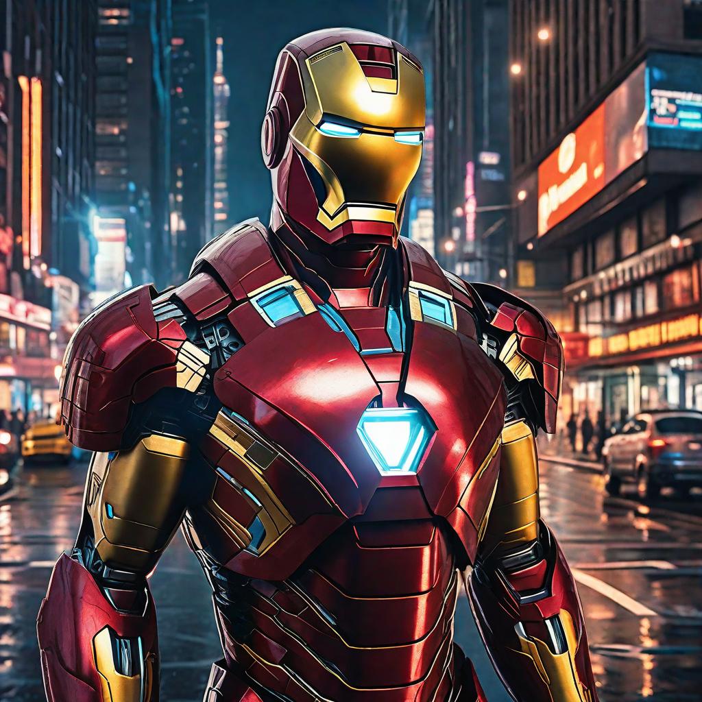  masterpiece, best quality, masterpiece, 8k resolution, realistic, highly detailed, Iron Man close-up. He stands on a street lined with tall buildings in a cyberpunk style city at night. The city's night lights are bright, and the surrounding buildings and streets are full of cyberpunk elements such as neon lights, high-tech equipment and futuristic architectural design.