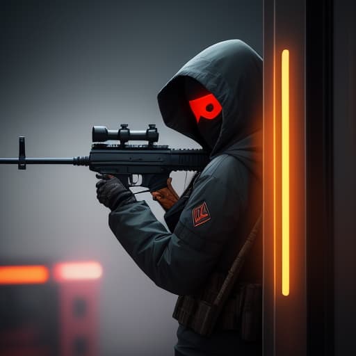  a hooded and masked women with a rifle in hand, abstract art, neon background hyperrealistic, full body, detailed clothing, highly detailed, cinematic lighting, stunningly beautiful, intricate, sharp focus, f/1. 8, 85mm, (centered image composition), (professionally color graded), ((bright soft diffused light)), volumetric fog, trending on instagram, trending on tumblr, HDR 4K, 8K