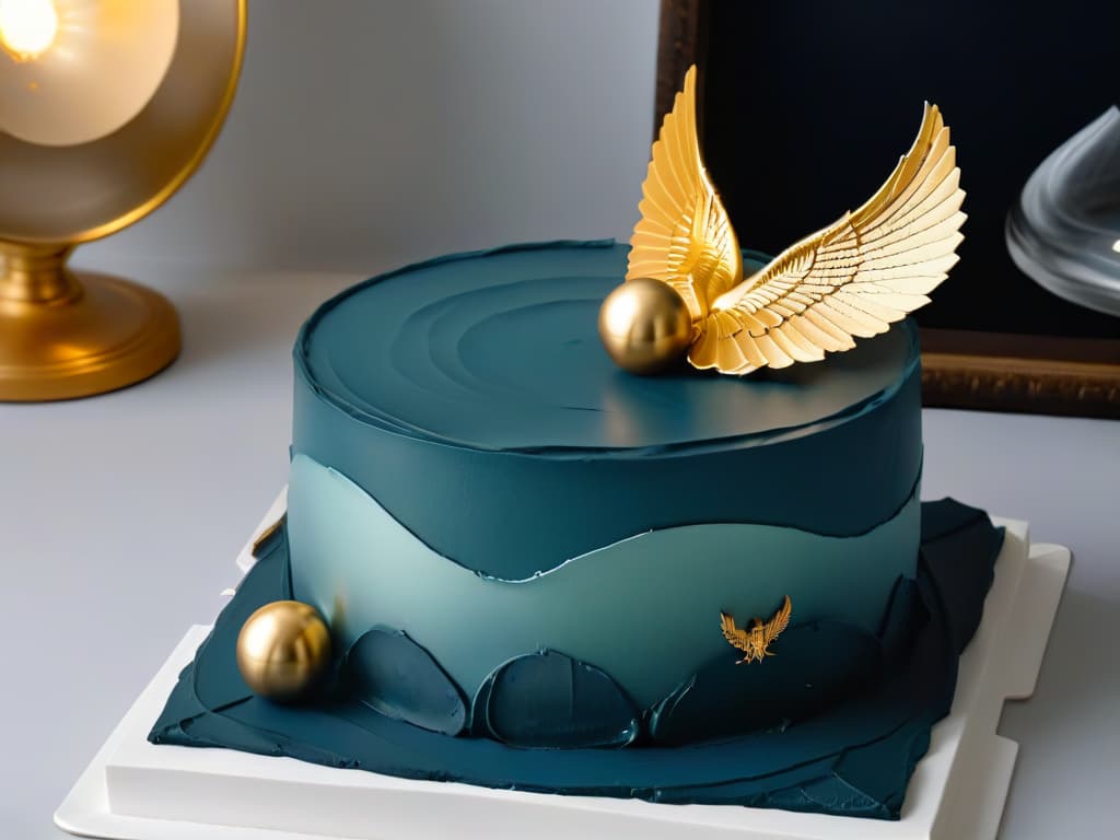  An intricately designed golden snitch cake mold, featuring delicate wings and intricate details, set against a sleek black background to highlight its magical allure. hyperrealistic, full body, detailed clothing, highly detailed, cinematic lighting, stunningly beautiful, intricate, sharp focus, f/1. 8, 85mm, (centered image composition), (professionally color graded), ((bright soft diffused light)), volumetric fog, trending on instagram, trending on tumblr, HDR 4K, 8K