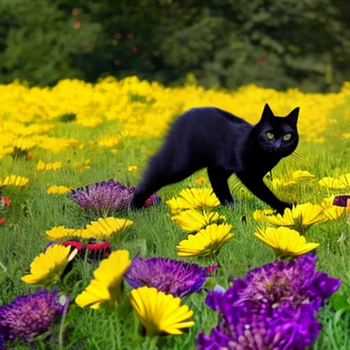  A black cat in a field of flowers with yellow eyes