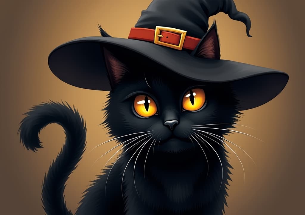  good quality, high quality, black cat wearing witch hat halloween illustration