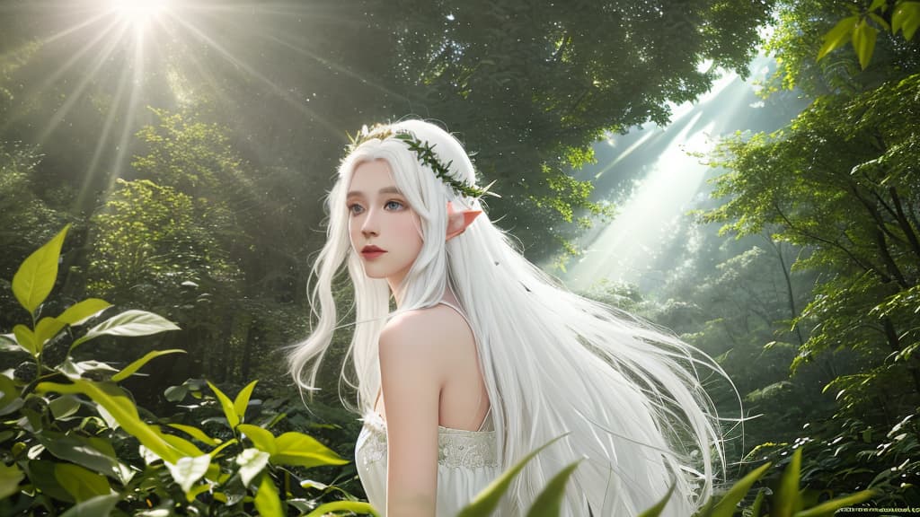  masterpiece, best quality, full nidity,(masterpiece, best quality, high quality, super detail), realism, 1 sweet , bigger,(side id:1.1), long hair,((white hair)), leaf hair accessory, elf, green eyes, pale skin, bare shoulders, jewelry,), celet,(away from sight:1.2),(hair floating:1.3), from the side,(in forest:1.3),(lens flare from right:1.2),,full ity