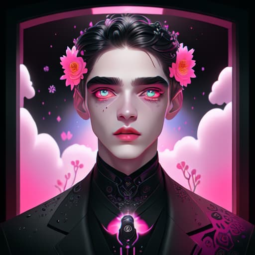 in OliDisco style open black door. men in black. light flowers. big pink clouds. winter. over-detailed face and eyes and lips and nose and body and skin and pupils and irises. eyes the black