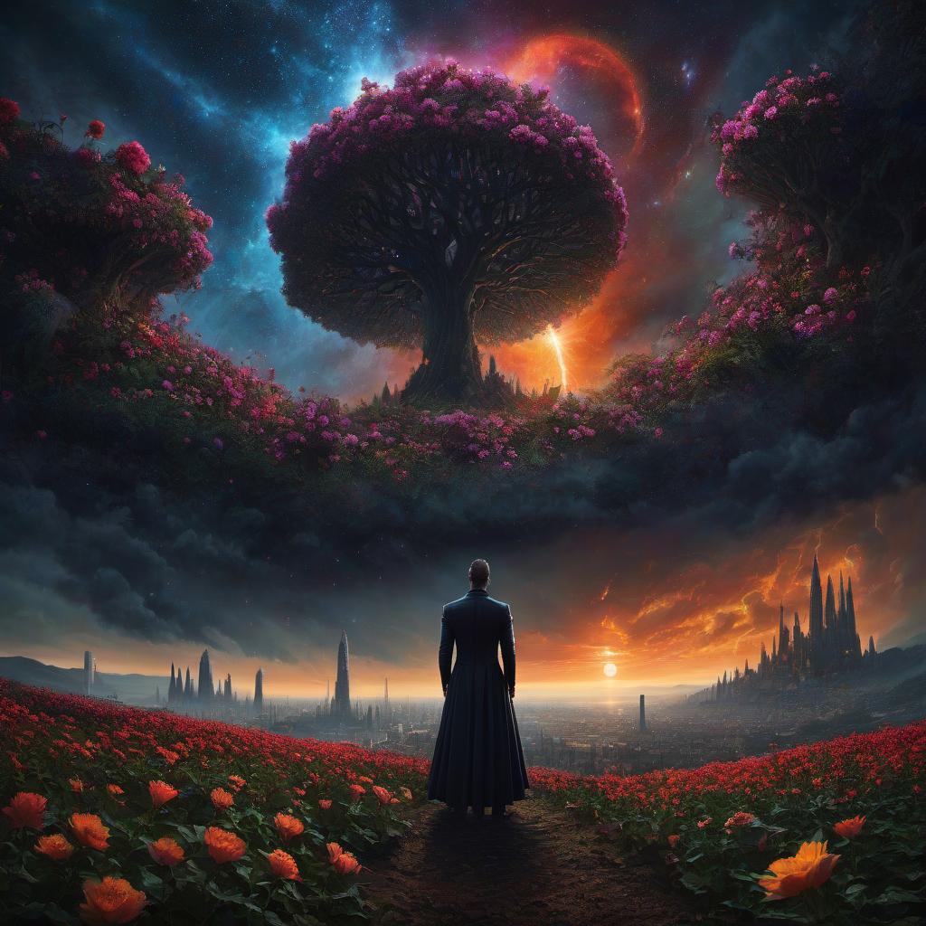  (stylized by Tomasz Alen Kopera:1.3) , dark art, dense flower field and Perseid meteor in background, landscape of a (Barcelona:1.2) , very Bizarre and 1600'S, Hurricane, Glitchcore, Amaro, layered textures, ornate, intricate artistic color, complimentary colors, very inspirational, atmosphere, fine artistic composition, sunny, theatrical hyperrealistic, full body, detailed clothing, highly detailed, cinematic lighting, stunningly beautiful, intricate, sharp focus, f/1. 8, 85mm, (centered image composition), (professionally color graded), ((bright soft diffused light)), volumetric fog, trending on instagram, trending on tumblr, HDR 4K, 8K