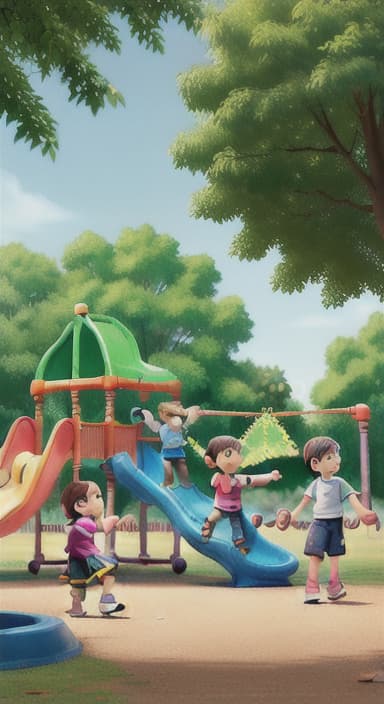  {Children playing in a sunny park with swings and slides., Same group of happy children, now wearing casual play clothes.