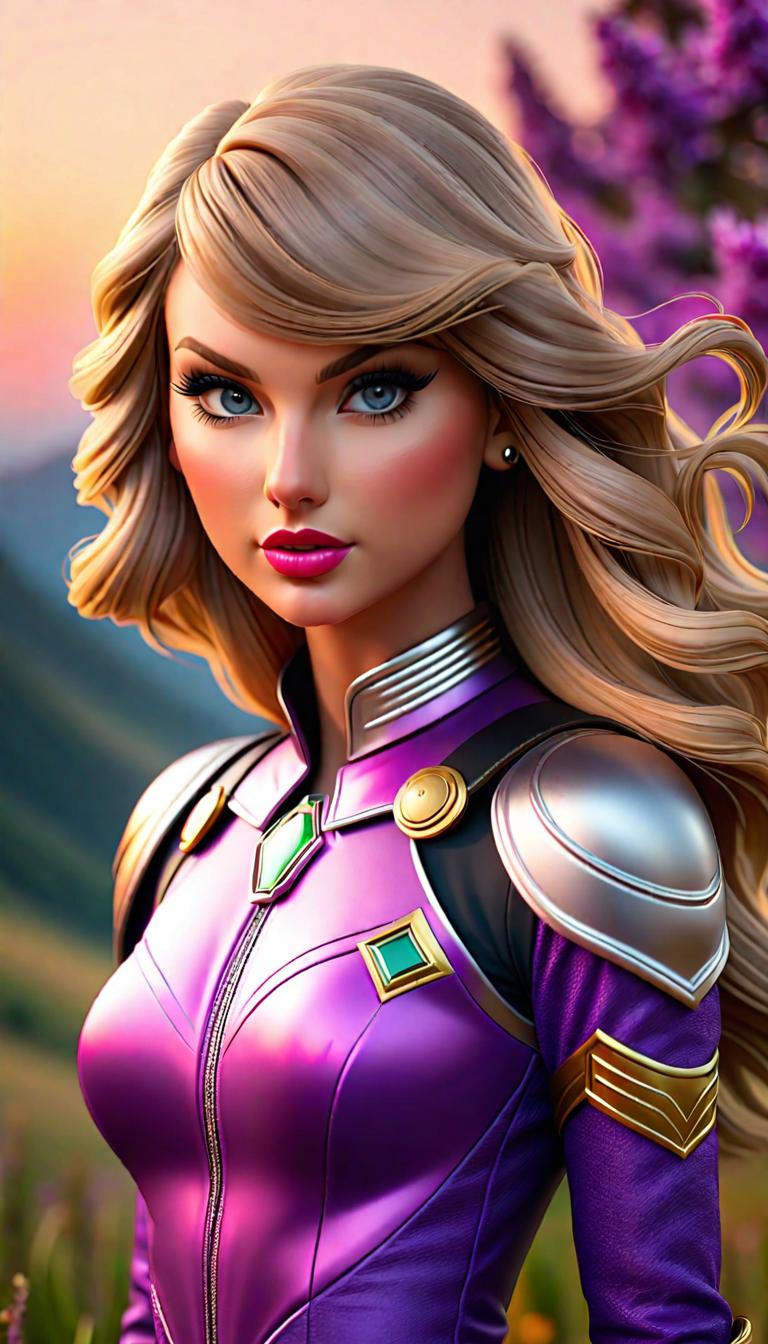  Professional 3D model of Taylor Swift as a Purple Power Ranger . Rendered with Octane, the model is highly detailed,dramatic lighting. hyperrealistic, full body, detailed clothing, highly detailed, cinematic lighting, stunningly beautiful, intricate, sharp focus, f/1. 8, 85mm, (centered image composition), (professionally color graded), ((bright soft diffused light)), volumetric fog, trending on instagram, trending on tumblr, HDR 4K, 8K