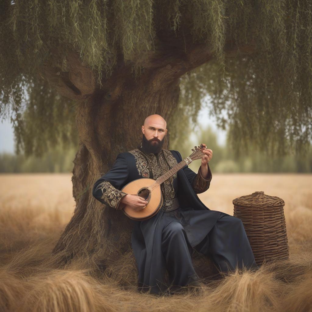  A bald Ukrainian Cossack with a mandolin in his hands sits under a tree against the backdrop of a wheat field. Ukrainian folklore (((in the style of cubism))) hyperrealistic, full body, detailed clothing, highly detailed, cinematic lighting, stunningly beautiful, intricate, sharp focus, f/1. 8, 85mm, (centered image composition), (professionally color graded), ((bright soft diffused light)), volumetric fog, trending on instagram, trending on tumblr, HDR 4K, 8K