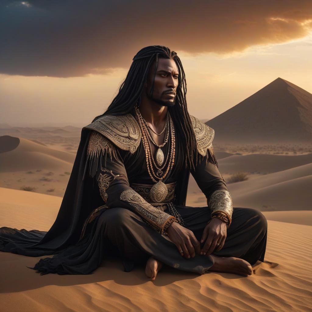  horror themed "Dark god, spirit of darkness, male, black skin, long black hair, jewelry, sitting against a backdrop of the desert, wind, sandstorm, sunset, mysticism, fantasy, danger, sorcery" . eerie, unsettling, dark, spooky, suspenseful, grim, highly detailed hyperrealistic, full body, detailed clothing, highly detailed, cinematic lighting, stunningly beautiful, intricate, sharp focus, f/1. 8, 85mm, (centered image composition), (professionally color graded), ((bright soft diffused light)), volumetric fog, trending on instagram, trending on tumblr, HDR 4K, 8K