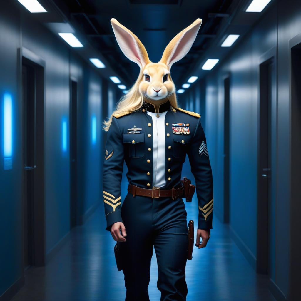  A realistic, handsome young Man a blonde, with long ears like a rabbit on his head, long blonde hair, yellow eyes, and wearing black military pants. He walks down a corridor illuminated by blue spotlights. Clear focus, sharp eyes, well defined details, bright and vivid eyes. A beautiful portrait illustration in the style of fantasy art, with blue and white accents, bright colors, vivid eyes, fantastic art, intricate design, intricately detailed, clear focus, 8k, high resolution, elegant. hyperrealistic, full body, detailed clothing, highly detailed, cinematic lighting, stunningly beautiful, intricate, sharp focus, f/1. 8, 85mm, (centered image composition), (professionally color graded), ((bright soft diffused light)), volumetric fog, trending on instagram, trending on tumblr, HDR 4K, 8K