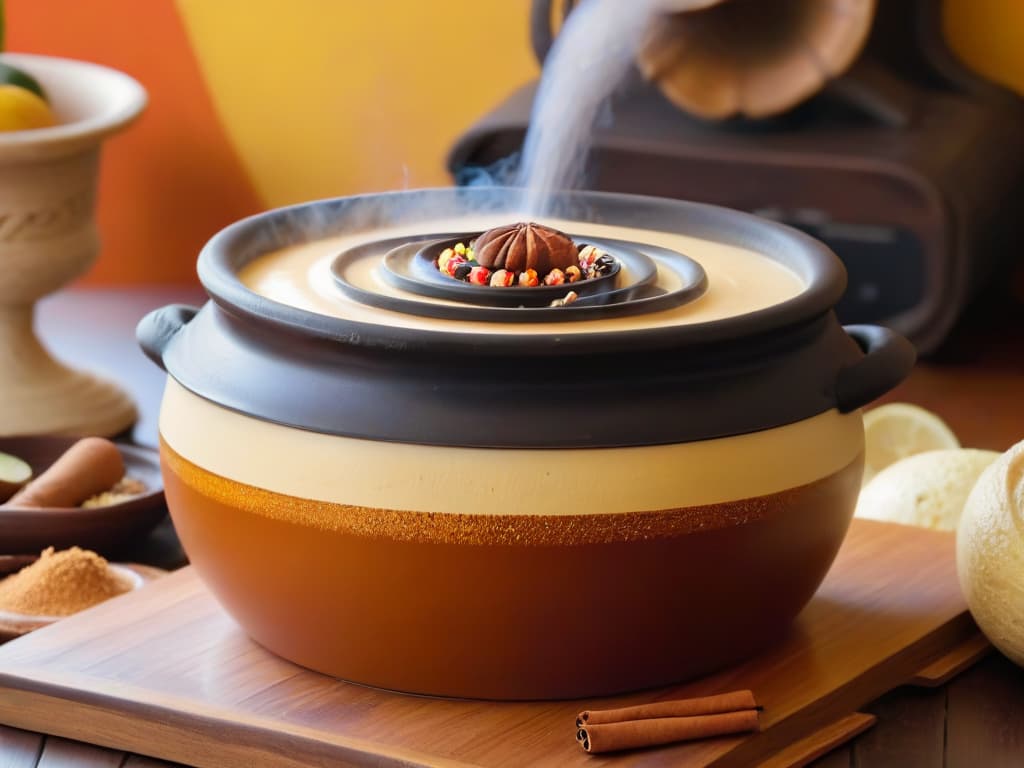  A closeup, ultradetailed image of a traditional Colombian clay pot filled with steaming hot, creamy natilla. The natilla is perfectly smooth with a glossy sheen on the surface, adorned with a sprinkle of ground cinnamon forming an intricate floral pattern. The clay pot rests on a rustic wooden table, showcasing the contrast between the earthy tones of the pottery and the rich, creamy dessert. The steam rising from the natilla hints at its warmth, inviting the viewer to savor the traditional Colombian delicacy. hyperrealistic, full body, detailed clothing, highly detailed, cinematic lighting, stunningly beautiful, intricate, sharp focus, f/1. 8, 85mm, (centered image composition), (professionally color graded), ((bright soft diffused light)), volumetric fog, trending on instagram, trending on tumblr, HDR 4K, 8K