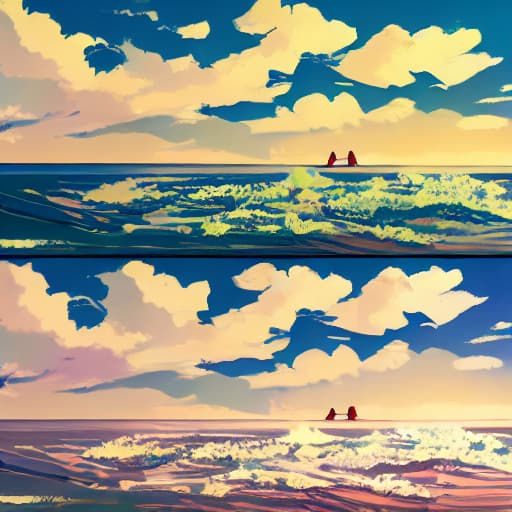  Makoto Shinkai style. seascape. the waves. sandy beach. clouds. grass. sunset. flowers. over-detailed clouds and glass and flowers