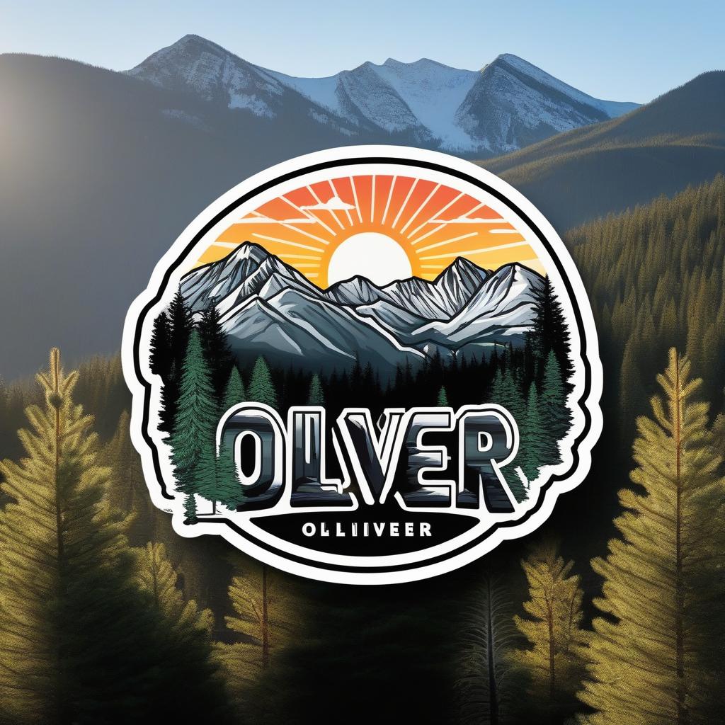  Custom sticker design on an isolated white background with the bold words “Oliver” with a backdrop of a mountain range, and silhouettes of pine trees at sunset