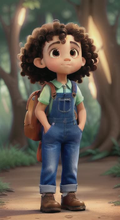  {The tree shining brightly and releasing a gentle, magical light., Riley, a curious with big brown eyes and curly hair, wearing overalls and carrying a small backpack. Their friend, Skye, a bluebird with shiny feathers.