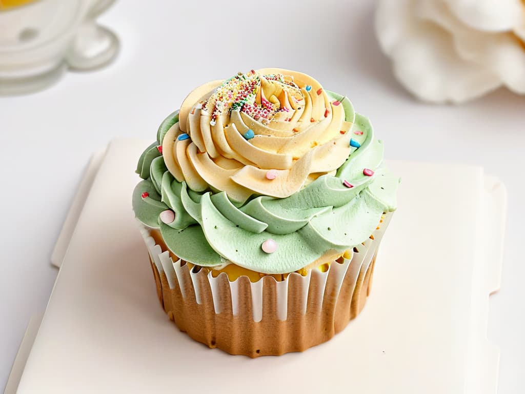  An ultradetailed closeup of a beautifully decorated cupcake with pastelcolored frosting and intricate sprinkles, set against a plain white background. The frosting is perfectly swirled, and each sprinkle is meticulously placed, creating a visually stunning and appetizing image that embodies the artistry and creativity of pastry design. hyperrealistic, full body, detailed clothing, highly detailed, cinematic lighting, stunningly beautiful, intricate, sharp focus, f/1. 8, 85mm, (centered image composition), (professionally color graded), ((bright soft diffused light)), volumetric fog, trending on instagram, trending on tumblr, HDR 4K, 8K