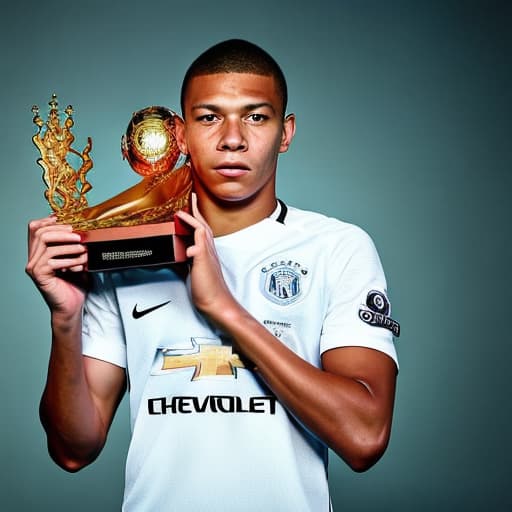 portrait+ style A photo of mbappe in Manchester united shirt holding premier league golden boot award with a banner at the top saying "top scorer"2024 season