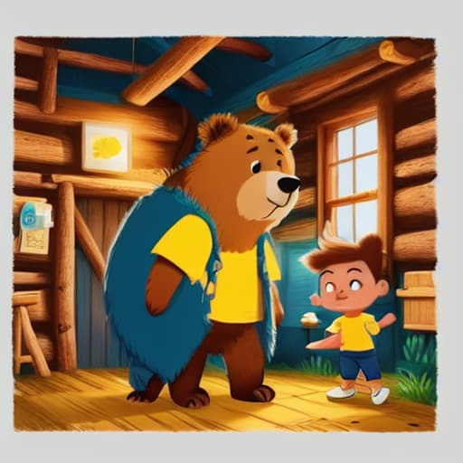  a boy with yellow shirt, short brown hair, blue shorts is standing next to a bear, in the cabin, dim light