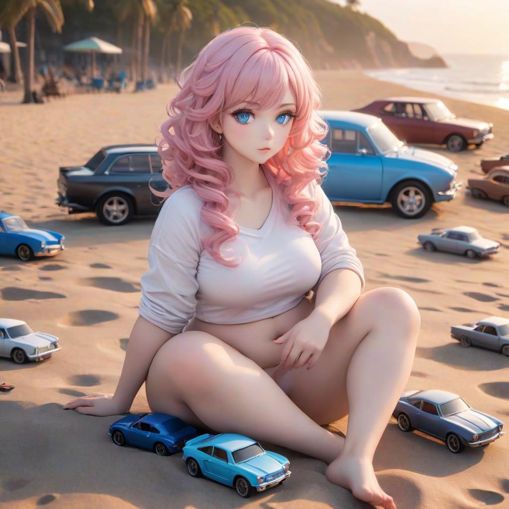  girl, light pink curly hair, blue eyes, chubby body, sitting on the beach, toy cars around her, sunset, anime style hyperrealistic, full body, detailed clothing, highly detailed, cinematic lighting, stunningly beautiful, intricate, sharp focus, f/1. 8, 85mm, (centered image composition), (professionally color graded), ((bright soft diffused light)), volumetric fog, trending on instagram, trending on tumblr, HDR 4K, 8K