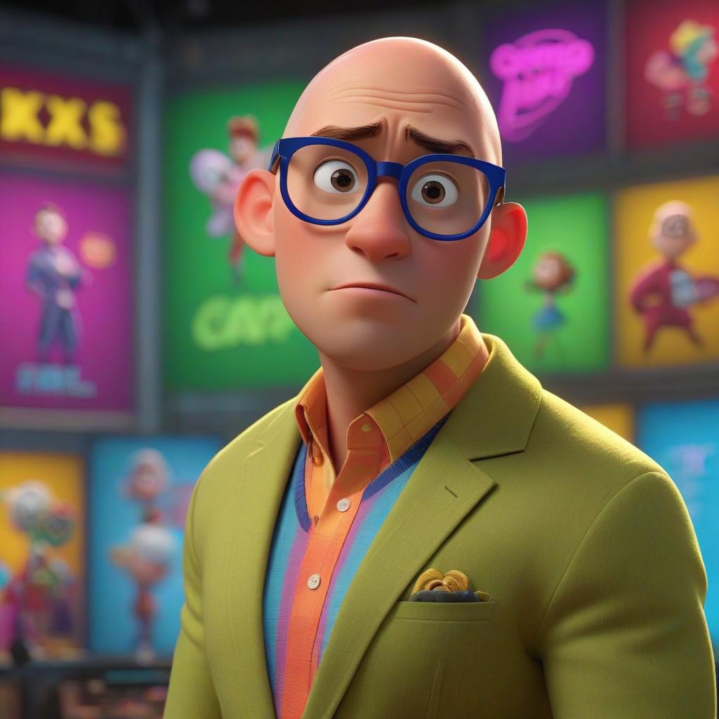  professional 3d model "Draw a man in his 30s in the Pixar style: He's bald. He wears bright clothing. Fashionable. Wears glasses. The background is bright and colorful." . octane render, highly detailed, volumetric, dramatic lighting hyperrealistic, full body, detailed clothing, highly detailed, cinematic lighting, stunningly beautiful, intricate, sharp focus, f/1. 8, 85mm, (centered image composition), (professionally color graded), ((bright soft diffused light)), volumetric fog, trending on instagram, trending on tumblr, HDR 4K, 8K