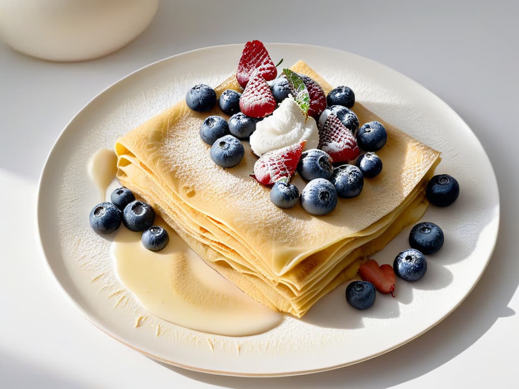  A closeup, ultradetailed image of a perfectly cooked Japanese crepe with delicate, lacy edges, filled with a light cream and fresh berries. The crepe is elegantly folded into a triangle shape, showcasing its soft, slightly chewy texture. The light hits the crepe just right, highlighting its goldenbrown color and creating a mouthwatering sheen on its surface. The plate is placed on a sleek, modern white background, emphasizing the simplicity and elegance of the dish. hyperrealistic, full body, detailed clothing, highly detailed, cinematic lighting, stunningly beautiful, intricate, sharp focus, f/1. 8, 85mm, (centered image composition), (professionally color graded), ((bright soft diffused light)), volumetric fog, trending on instagram, trending on tumblr, HDR 4K, 8K