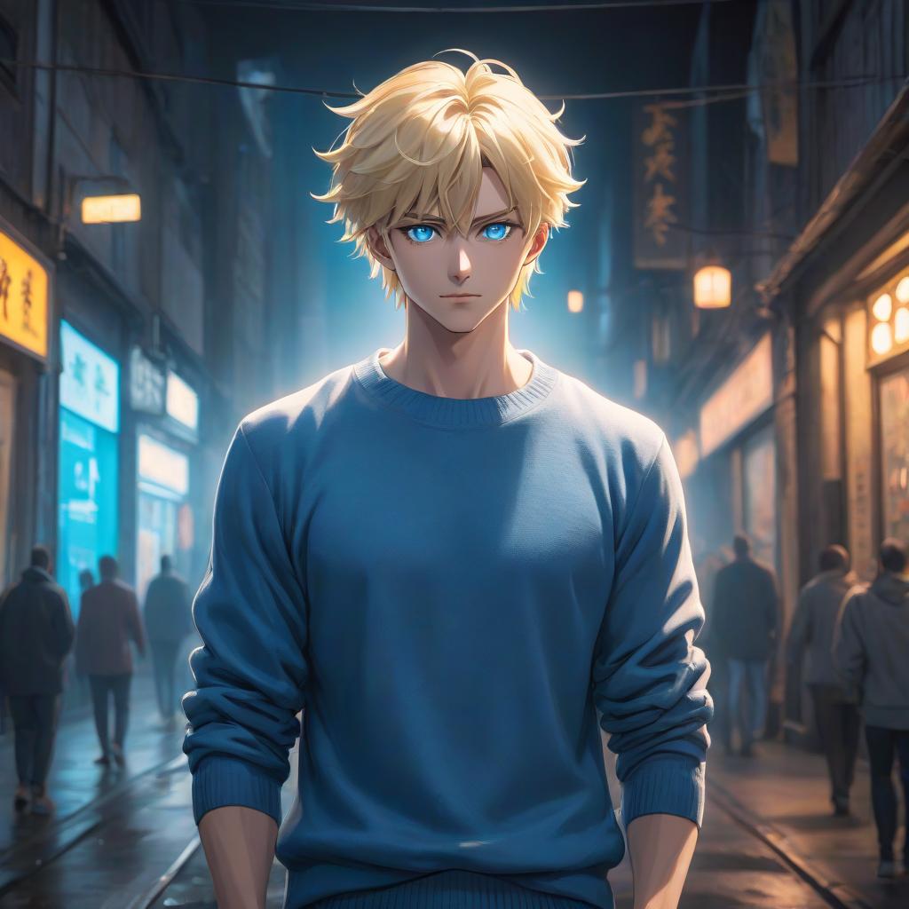  manga style A blond guy with blue eyes and a blue sweater in a cartoonish style. . vibrant, high energy, detailed, iconic, Japanese comic style hyperrealistic, full body, detailed clothing, highly detailed, cinematic lighting, stunningly beautiful, intricate, sharp focus, f/1. 8, 85mm, (centered image composition), (professionally color graded), ((bright soft diffused light)), volumetric fog, trending on instagram, trending on tumblr, HDR 4K, 8K