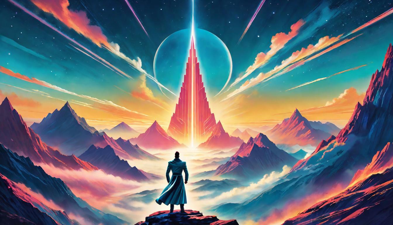  retro futuristic A figure with arms raised towards the sky, standing at the peak of a mountain at dawn, symbolizing upliftment, guidance, and shared healing journey, horizon vast and awakening, posture open and empowering, light cascading and transformative. lvintage sci fi, 50s and 60s style, atomic age, vibrant, highly detailed