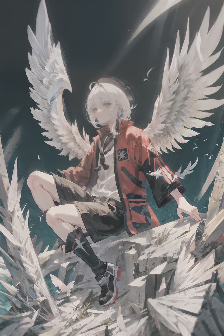  master piece , best quality,White hair, male, black wings, fallen angel, soldier