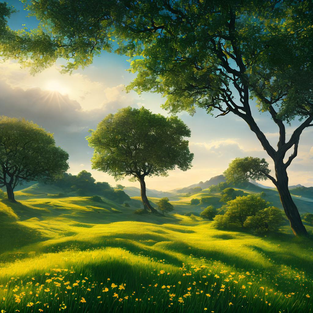  A breathtaking masterpiece of a green land, with the best quality and ultra-detailed elements. This high detailed 8k scene showcases the vibrant beauty of nature. The main subject is a serene landscape of rolling hills and lush meadows. The green land is adorned with a variety of wildflowers, creating a colorful tapestry. The sunlight filters through the clouds, casting a soft golden glow over the scene. The clear blue sky serves as a perfect backdrop, adding depth and tranquility to the composition. (A lone tree) stands tall in the foreground, its branches reaching towards the heavens. The tree's leaves shimmer in different shades of green, giving it a vibrant and lively appearance. Birds gracefully soar across the sky, adding a sense of m hyperrealistic, full body, detailed clothing, highly detailed, cinematic lighting, stunningly beautiful, intricate, sharp focus, f/1. 8, 85mm, (centered image composition), (professionally color graded), ((bright soft diffused light)), volumetric fog, trending on instagram, trending on tumblr, HDR 4K, 8K