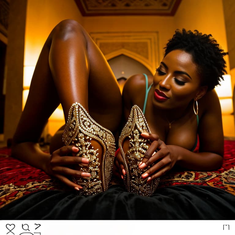  African boy licking Arab woman feet hyperrealistic, full body, detailed clothing, highly detailed, cinematic lighting, stunningly beautiful, intricate, sharp focus, f/1. 8, 85mm, (centered image composition), (professionally color graded), ((bright soft diffused light)), volumetric fog, trending on instagram, trending on tumblr, HDR 4K, 8K