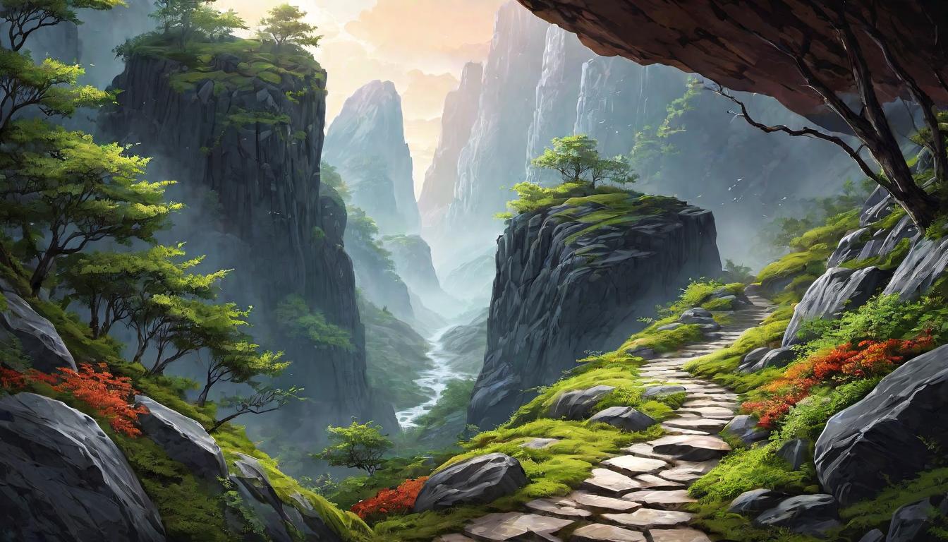  digital illustration, A winding path through rugged, rocky terrain, symbolizing suffering and spiritual insight, rocks etched with intricate patterns, sparse vegetation, perseverance, tranquility amidst hardship, looking at viewer, dynamic pose, (intricate details, masterpiece, best quality)