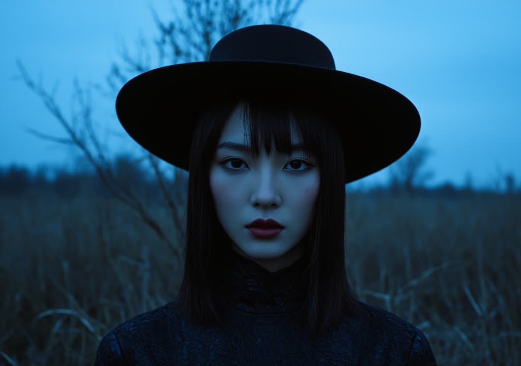  good quality, high quality, [high resolution cinematic fashion editorial, shot on 35mm film], [young east asian female model with pale blue skin tone, straight black bangs framing a delicate face, dark almond shaped eyes emphasized by sharp eyeliner, and glossy red lips], [wearing a large black wide brimmed hat with a textured black high neck dress], [standing in a desolate field of tall grasses under an intense blue sky with silhouettes of distant trees], [eerie, surreal lighting with deep shadows, creating a stark contrast and mysterious mood], [front facing close up pose, directly engaging with the camera], [shot on fujifilm velvia 50], [deep blue, jet black, pale skin palette]