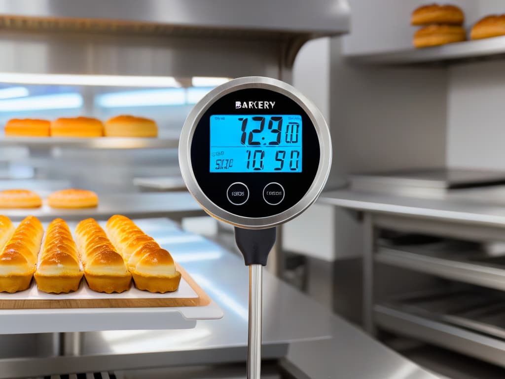  An ultradetailed closeup image of a sleek, modern smart thermometer with a digital display showing the temperature reading, set against a soft, blurred background of a bustling bakery kitchen. The thermometer is being held by a professional pastry chef's hands, showcasing precision and expertise. The focus is on the elegant design and advanced technology of the tool, emphasizing its integration with smart applications for precise baking results. hyperrealistic, full body, detailed clothing, highly detailed, cinematic lighting, stunningly beautiful, intricate, sharp focus, f/1. 8, 85mm, (centered image composition), (professionally color graded), ((bright soft diffused light)), volumetric fog, trending on instagram, trending on tumblr, HDR 4K, 8K