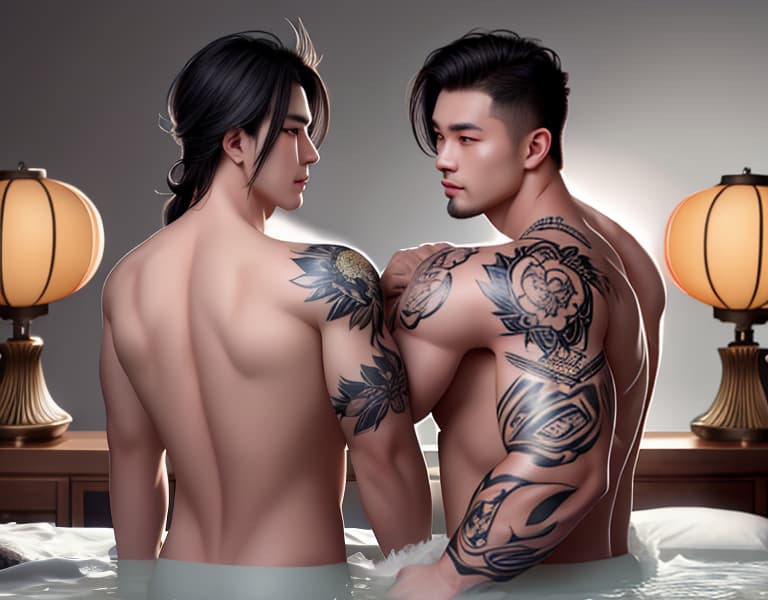  tattooed Chinese men bodybuilders are making love in river，gays，salves，big bulge and ass，Asian，naked whole body， hyperrealistic, full body, detailed clothing, highly detailed, cinematic lighting, stunningly beautiful, intricate, sharp focus, f/1. 8, 85mm, (centered image composition), (professionally color graded), ((bright soft diffused light)), volumetric fog, trending on instagram, trending on tumblr, HDR 4K, 8K