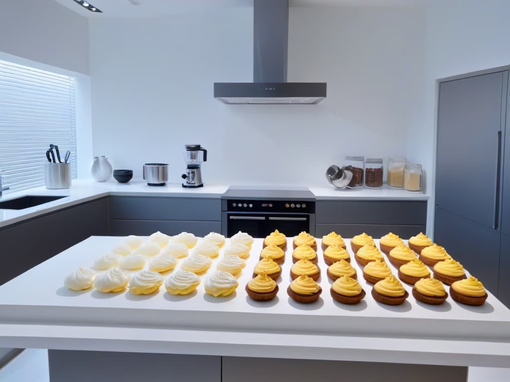  An ultradetailed image of a sleek, modern kitchen filled with stateoftheart baking equipment and tools, showcasing a minimalist aesthetic with clean lines and a monochromatic color scheme. The image features a pristine marble countertop with neatly arranged pastry ingredients, hightech appliances, and elegant baking utensils, exuding a sense of sophistication and innovation in the world of online pastry courses. hyperrealistic, full body, detailed clothing, highly detailed, cinematic lighting, stunningly beautiful, intricate, sharp focus, f/1. 8, 85mm, (centered image composition), (professionally color graded), ((bright soft diffused light)), volumetric fog, trending on instagram, trending on tumblr, HDR 4K, 8K