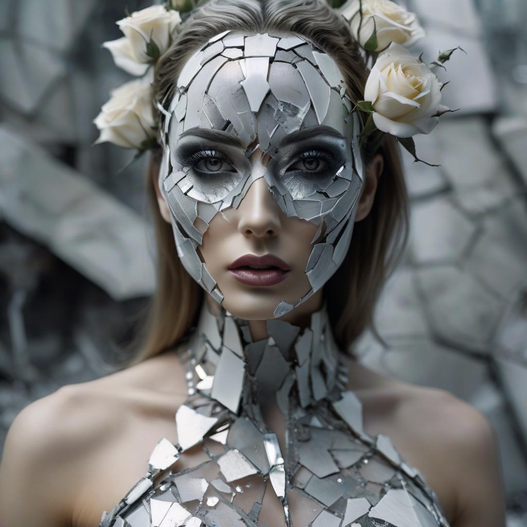  beautiful humanoid woman, close up of broken android, digital art, cracked porcelain face, futuristic look, mesmerizing, close up, fragile, emotional, shatter, broken glass, shards, of porcelain, broken, shattered, abstract patterns, tile art, roses, portrait photography, cinematic, white and light gray, shallow depth of field no ugliness, art, paint, digital, monochrome, artifacts watercolor, airbrushing hyperrealistic, full body, detailed clothing, highly detailed, cinematic lighting, stunningly beautiful, intricate, sharp focus, f/1. 8, 85mm, (centered image composition), (professionally color graded), ((bright soft diffused light)), volumetric fog, trending on instagram, trending on tumblr, HDR 4K, 8K