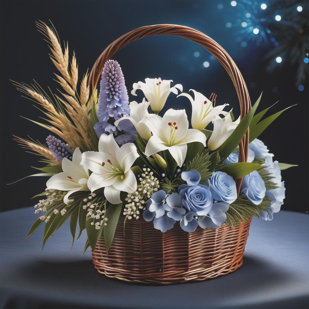  Luxury product style (Bouquet in a wicker basket). The handle of the basket is decorated with a white satin bow with brown polka dots. In the basket is a floral composition: of wheat ears, white and blue carnations, flowers, lavender and in the centre of the bouquet one white lily. (Background):night starry sky with flashes of fireworks. Style:fantasy, watercolour, landscape still life genre. . Elegant, sophisticated, high end, luxurious, professional, highly detailed hyperrealistic, full body, detailed clothing, highly detailed, cinematic lighting, stunningly beautiful, intricate, sharp focus, f/1. 8, 85mm, (centered image composition), (professionally color graded), ((bright soft diffused light)), volumetric fog, trending on instagram, trending on tumblr, HDR 4K, 8K