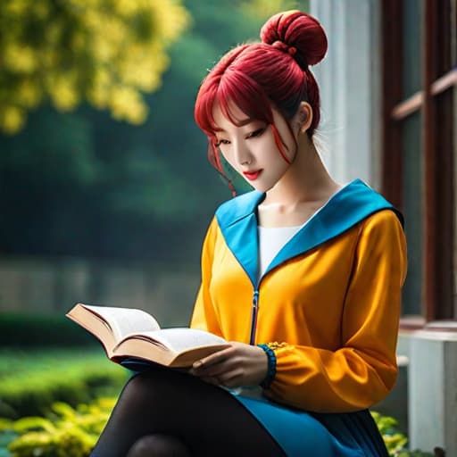  A with gles, a bit of acne, reading a book, pigtails, in a liry hyperrealistic, full body, detailed clothing, highly detailed, cinematic lighting, stunningly beautiful, intricate, sharp focus, f/1. 8, 85mm, (centered image composition), (professionally color graded), ((bright soft diffused light)), volumetric fog, trending on instagram, trending on tumblr, HDR 4K, 8K