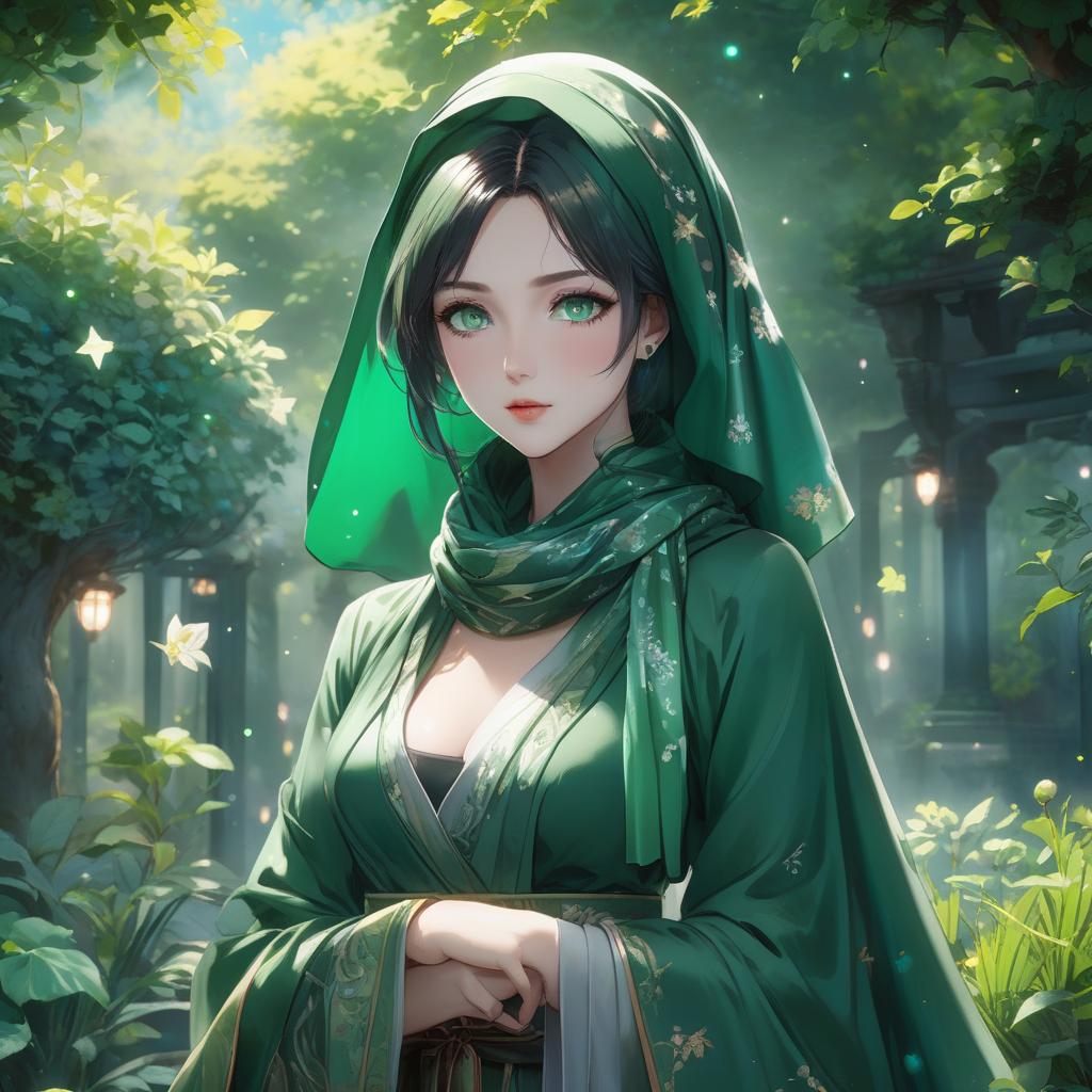  anime artwork In a garden of emerald, a vision serene, A lady in green, a living dream. A headscarf of jade, gracefully tied, Like nature's embrace, where beauty resides. Her eyes, deep pools of verdant grace, Reflect the hues of a tranquil space. In shades of moss, her attire weaves, A tapestry of calm, like rustling leaves. mystical watercolor painting girl with deep green eyes, green head scarf and shawl, at mysticaldark deep dark black night, full moon, stars, flow, watercolor, detailed matte painting, deep color, fantastical, intricate detail, splash screen, complementary colors, fantasy concept art, 8k resolution trending on Artstation Unreal Engine 5 . anime style, key visual, vibrant, studio anime, highly detailed hyperrealistic, full body, detailed clothing, highly detailed, cinematic lighting, stunningly beautiful, intricate, sharp focus, f/1. 8, 85mm, (centered image composition), (professionally color graded), ((bright soft diffused light)), volumetric fog, trending on instagram, trending on tumblr, HDR 4K, 8K