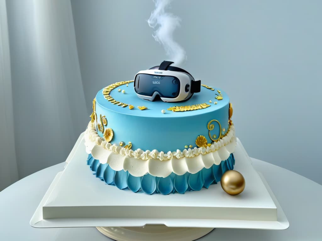  A minimalistic, highly detailed 8k image of a modern virtual reality headset placed delicately on a vintage, ornate cake stand. The VR headset is sleek and futuristic in design, juxtaposed against the intricate and traditional patterns of the cake stand. The lighting is soft, emphasizing the contrast between the cuttingedge technology and the timeless beauty of traditional pastry artistry. hyperrealistic, full body, detailed clothing, highly detailed, cinematic lighting, stunningly beautiful, intricate, sharp focus, f/1. 8, 85mm, (centered image composition), (professionally color graded), ((bright soft diffused light)), volumetric fog, trending on instagram, trending on tumblr, HDR 4K, 8K