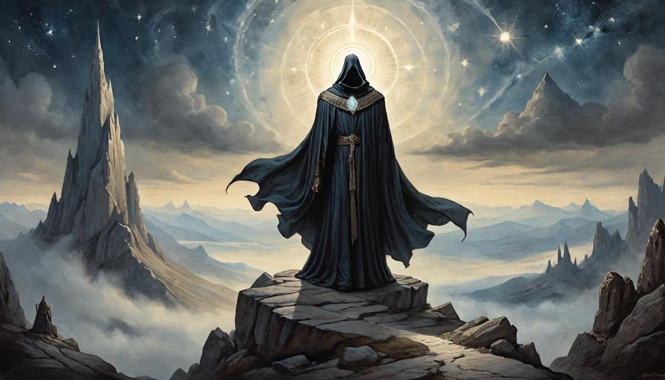  on parchment, surrealism+++, A single figure wrapped in a luminous cloak stands atop a rocky peak, surrounded by a halo of soft, otherworldly light. Cloak appears ethereal, blending with the starlit sky, rock peak jagged and imposing, underfoot, stark contrast of light and shadow, ambiance of destined solitude, serene but potent, sense of imminent purpose(mysterious, provocative, symbolic,muted color)+++