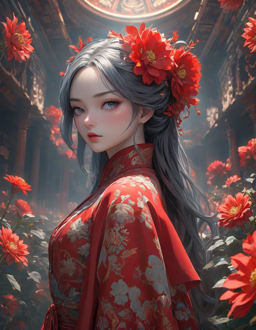  professional 3d model official art, unity 8k wallpaper, ultra detailed, beautiful and aesthetic, masterpiece, best quality, (zentangle, mandala, tangle, entangle), (fractal art:1.3) , 1girl, red flowers, extremely detailed, dynamic angle, cowboyshot, the most beautiful form of chaos, elegant, a brutalist designed, vivid colours, romanticism, by james jean, roby dwi antono, ross tran, francis bacon, michal mraz, adrian ghenie, petra cortright, gerhard richter, takato yamamoto, ashley wood, atmospheric . octane render, highly detailed, volumetric, dramatic lighting hyperrealistic, full body, detailed clothing, highly detailed, cinematic lighting, stunningly beautiful, intricate, sharp focus, f/1. 8, 85mm, (centered image composition), (professionally color graded), ((bright soft diffused light)), volumetric fog, trending on instagram, trending on tumblr, HDR 4K, 8K