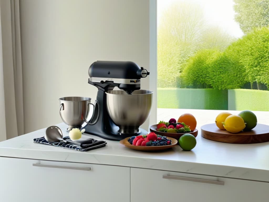  An ultradetailed image of a serene, minimalist kitchen with sleek countertops, a marble backsplash, and a large window showcasing a lush garden outside. In the center of the kitchen island, there is an elegant stand mixer with a bowl of fluffy whipped cream, surrounded by fresh berries and vibrant citrus fruits. The soft morning light filters through the window, casting a warm glow over the scene, creating a peaceful and inviting atmosphere perfect for a pastry retreat. hyperrealistic, full body, detailed clothing, highly detailed, cinematic lighting, stunningly beautiful, intricate, sharp focus, f/1. 8, 85mm, (centered image composition), (professionally color graded), ((bright soft diffused light)), volumetric fog, trending on instagram, trending on tumblr, HDR 4K, 8K