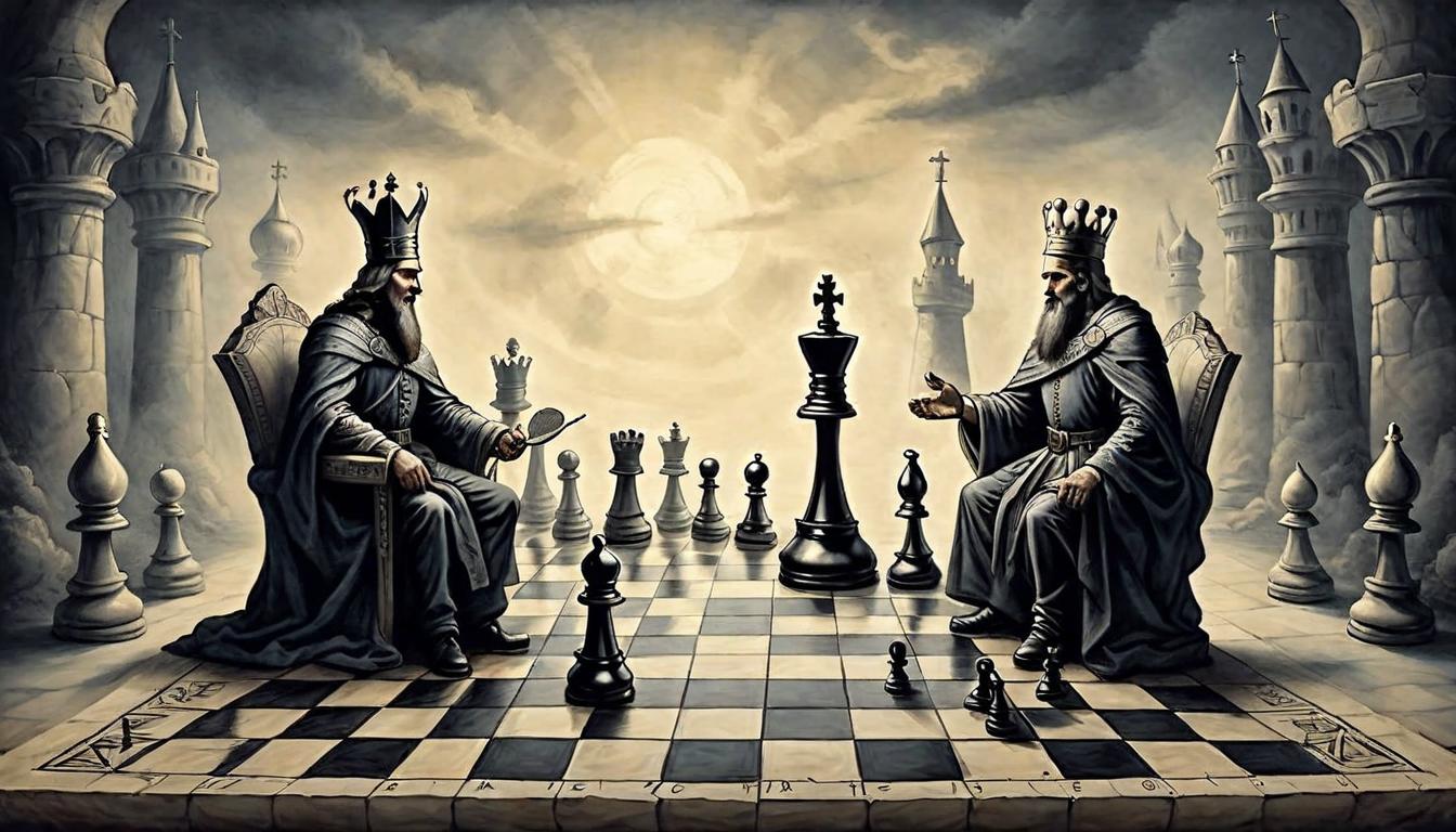  on parchment, surrealism+++, A chessboard at dawn, one side with dark pieces, the other white, a handshake bridging both, strategic unity, enlightened leadership, new day's compromise.(mysterious, provocative, symbolic,muted color)+++