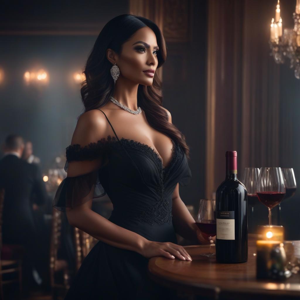  A woman in a black dress with a bottle of wine. hyperrealistic, full body, detailed clothing, highly detailed, cinematic lighting, stunningly beautiful, intricate, sharp focus, f/1. 8, 85mm, (centered image composition), (professionally color graded), ((bright soft diffused light)), volumetric fog, trending on instagram, trending on tumblr, HDR 4K, 8K