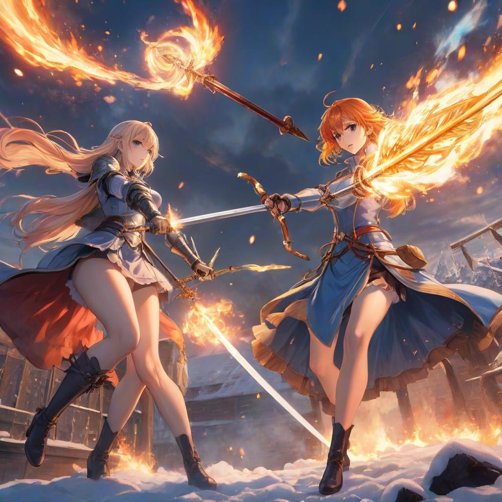  anime artwork A fight between two girls, one of them with a rapier that is a gravity artefact, and the other with the power of ice and fire, one hand frozen, the other hand in fire, and all of this happening at sunrise. . anime style, key visual, vibrant, studio anime, highly detailed hyperrealistic, full body, detailed clothing, highly detailed, cinematic lighting, stunningly beautiful, intricate, sharp focus, f/1. 8, 85mm, (centered image composition), (professionally color graded), ((bright soft diffused light)), volumetric fog, trending on instagram, trending on tumblr, HDR 4K, 8K